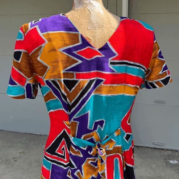 Vintage 80s Dawn Joy Abstract Print Midi Dress - Vibrant Rayon Statement Piece - Picture 4 of 8